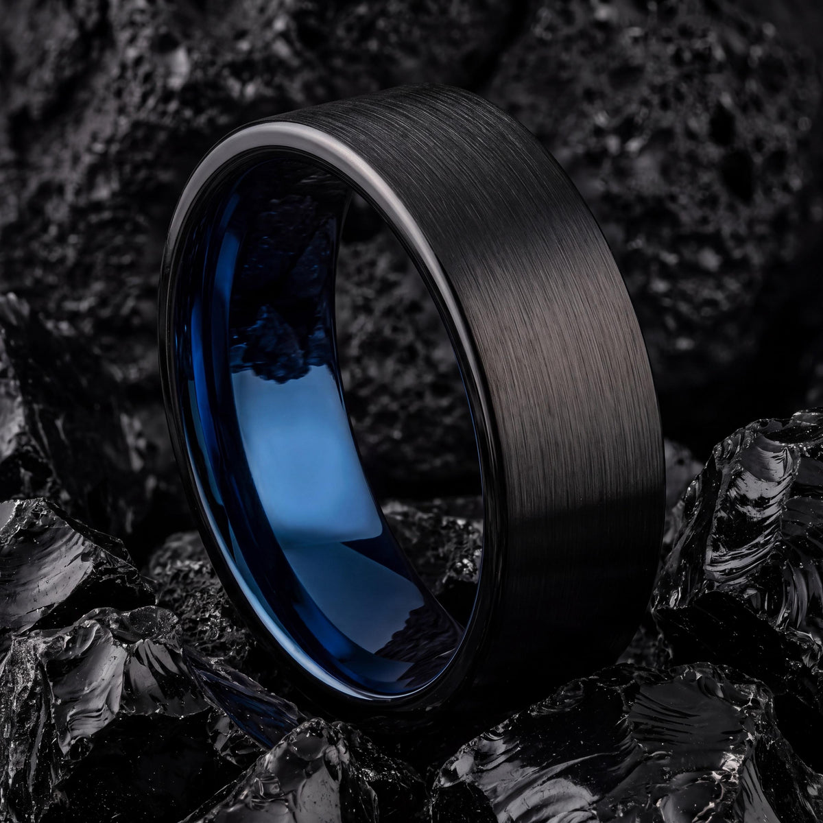 Black Tungsten Wedding Band, Blue Interior, Comfort Fit