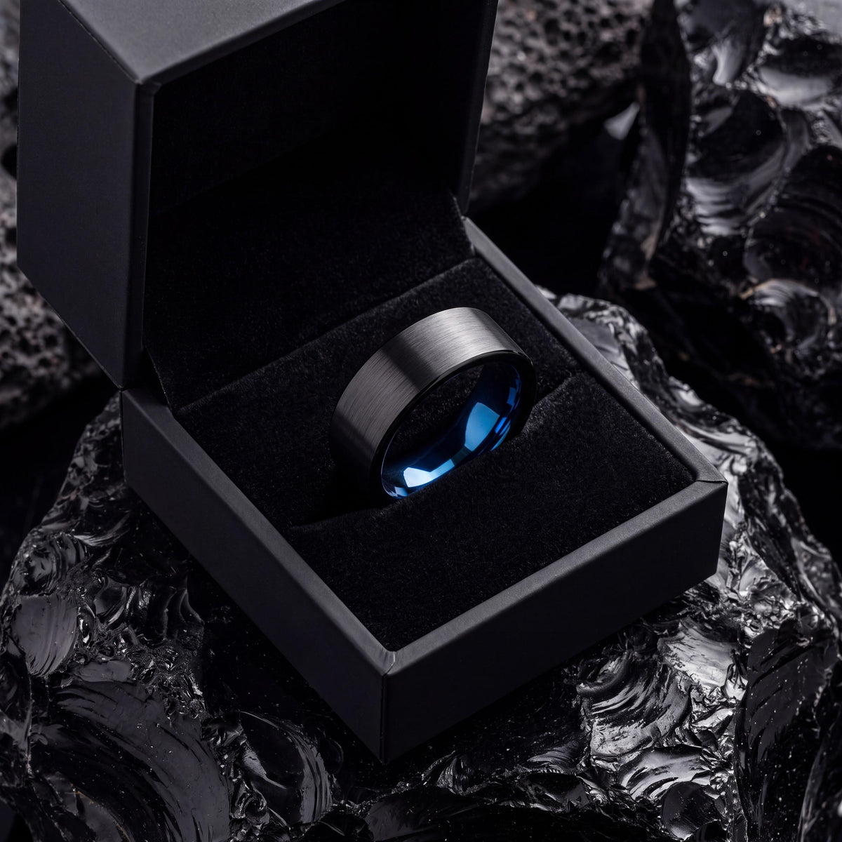 Black Tungsten Wedding Band, Blue Interior, Comfort Fit