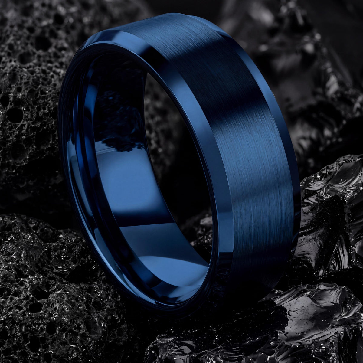 Mens Blue Tungsten Wedding Band, Bevel Edge Ring
