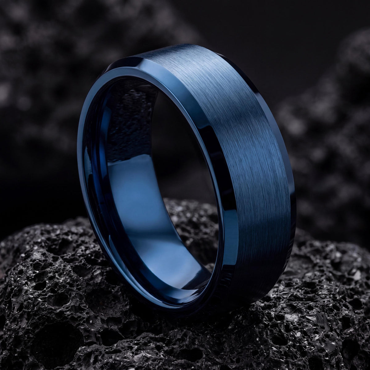 Mens Blue Tungsten Wedding Band, Bevel Edge Ring