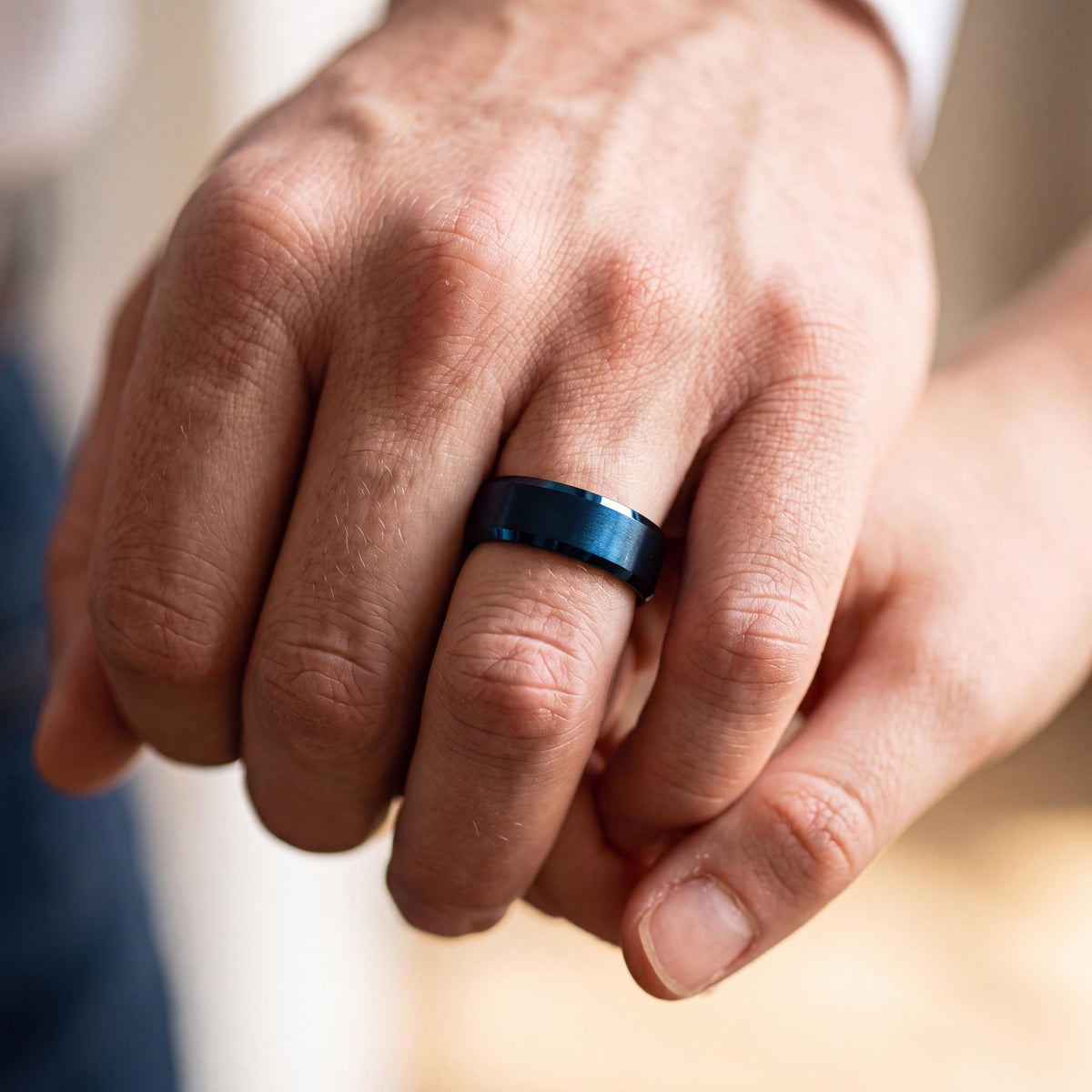 Mens Blue Tungsten Wedding Band, Bevel Edge Ring