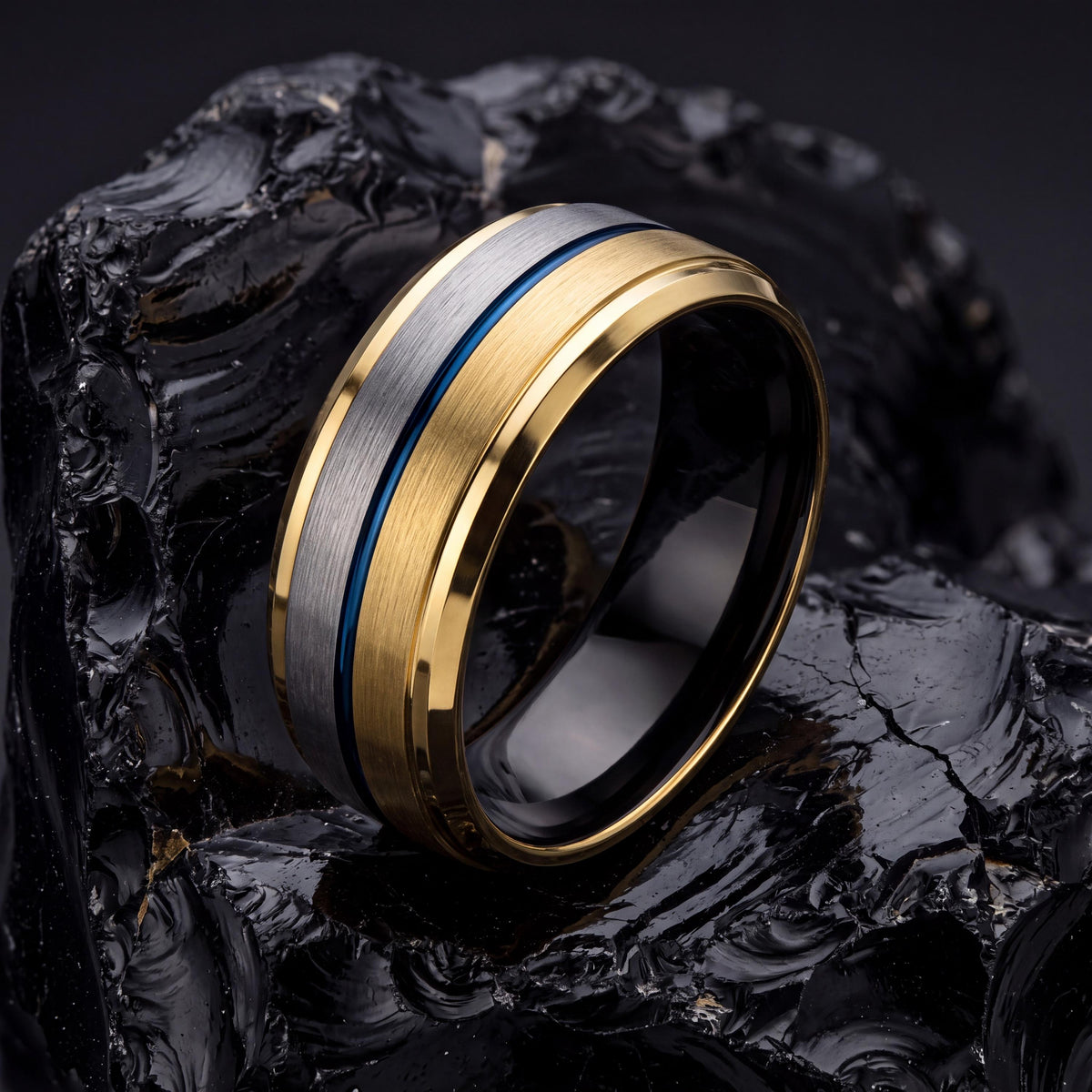 Mens Tungsten Wedding Band,Mens Wedding Rings,Unique Wedding Ring,18K Gold Rings,Hammered Silver Ring Women,Black Rings Women,Blue Wide Ring