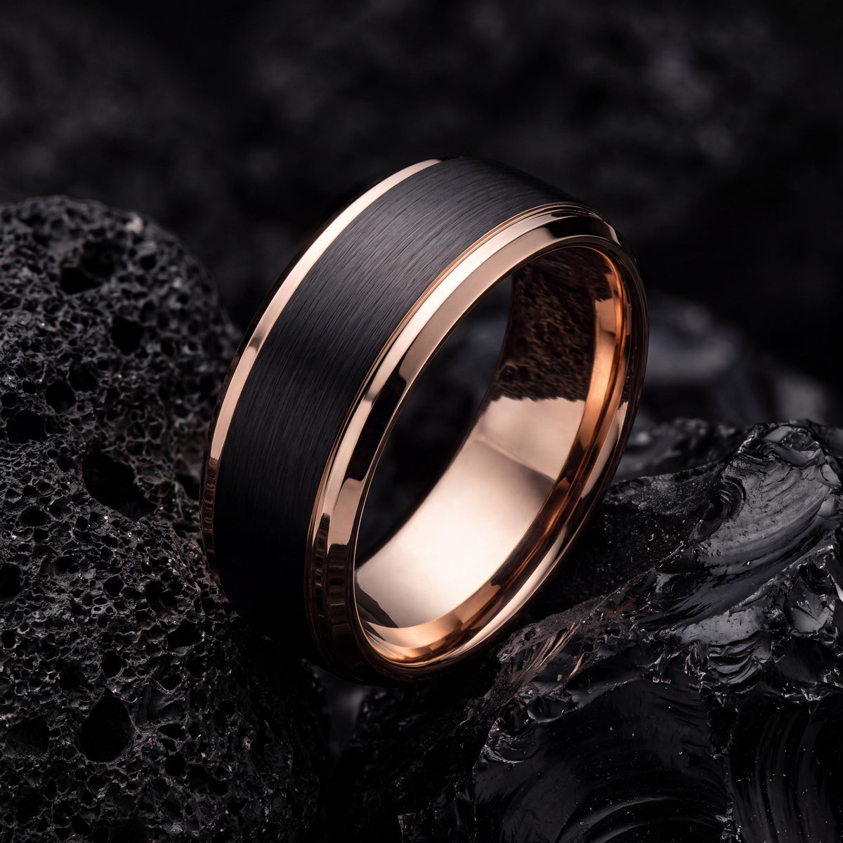 Wedding Ring,Mens Wedding Band Tungsten,His and Hers Wedding Bands,Womens Wedding Ring,Black Line Rose,Rose Gold Wedding,Black Rings Women,8
