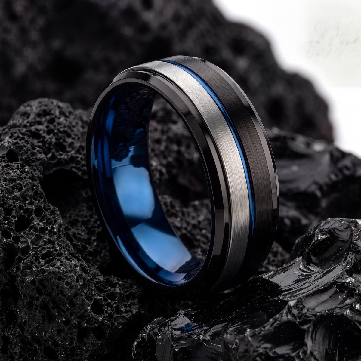 Mens Wedding Band,Mens Tungsten Wedding Band,Womens Wedding Bands,Tapered Wedding Band,Silver Band Lettering,Mens Wedding Band Black,Blue,10