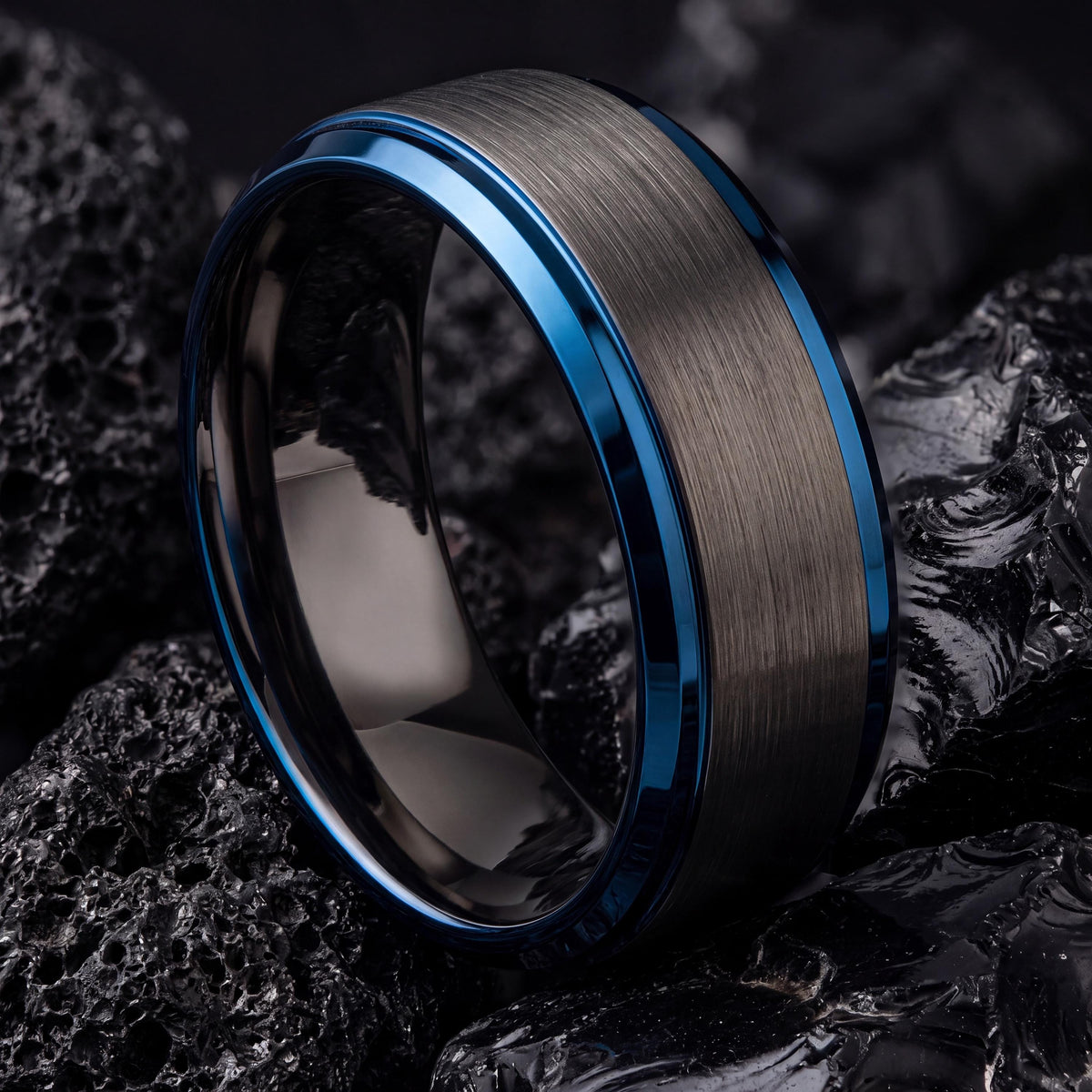 Wedding Band,Tungsten Wedding Band,Mens Wedding Band Unique,Female Wedding Ring,Male Wedding Band Gunmetal 4Mm,Dainty Blue Ring Stackable,10