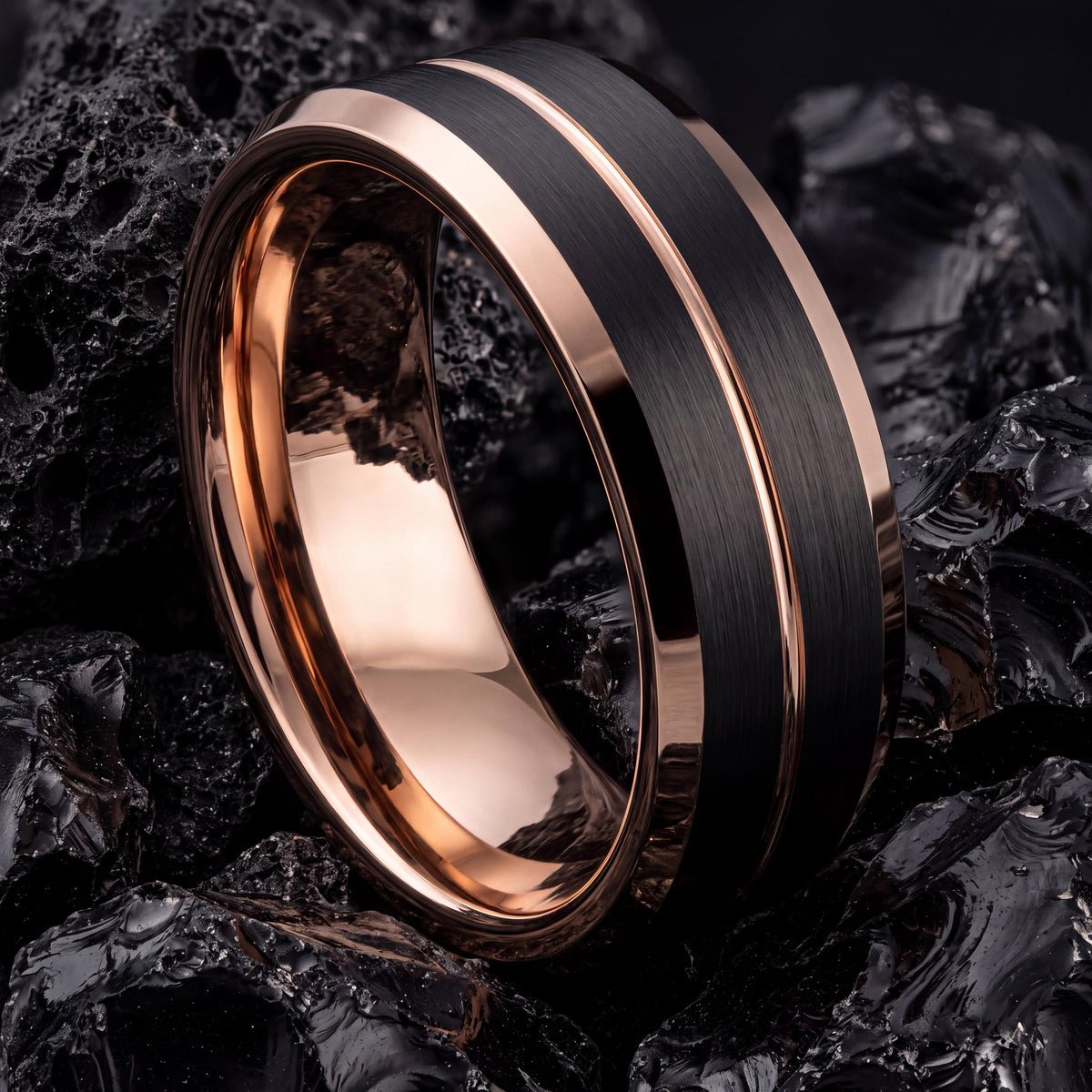 Wedding Bands,Mens Wedding Band Tungsten,Curved Wedding Band,Two Tone Mens Wedding Rings,Black Line Rose,Rose Wedding Band,Black Embellished