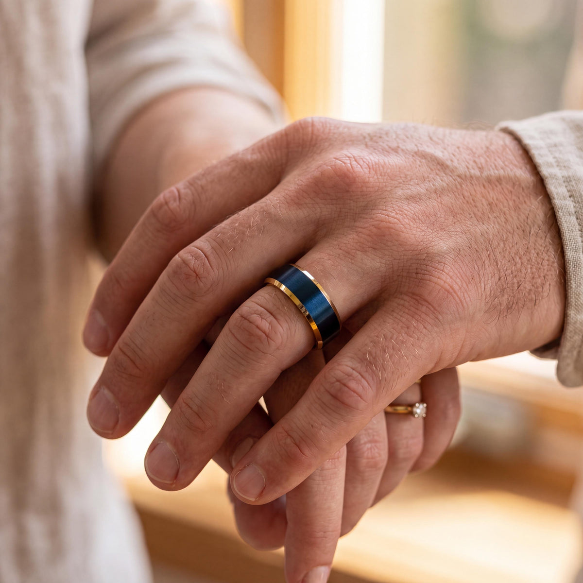 Men's Wedding Band Blue, Boyfriend Christmas Gift, Yellow Gold Tungsten Ring, Couple Ring, Jewelry for Women, Gifts for Him, Ring for Police