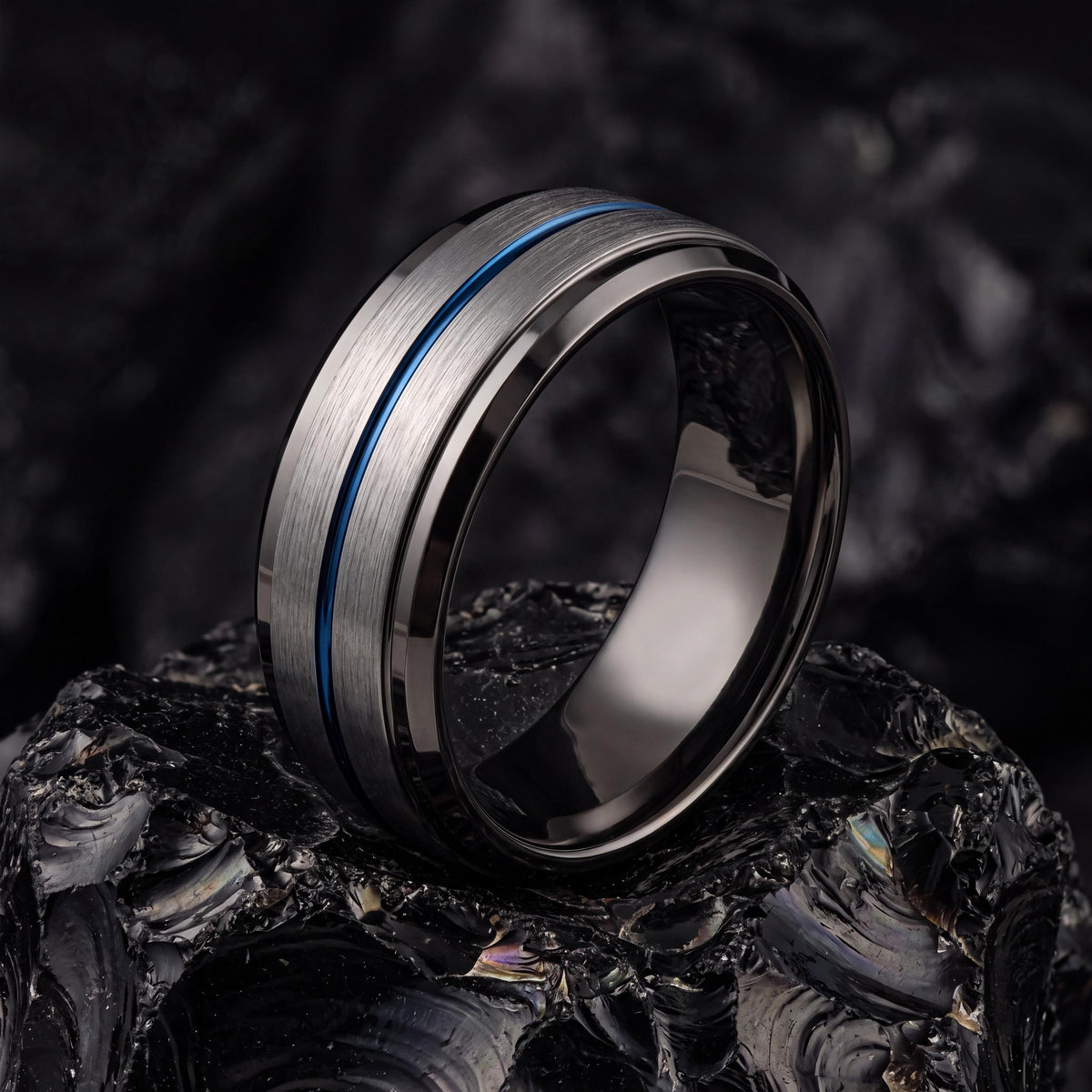 Mens Wedding Band Tungsten,Men Wedding Ring,Personalized Wedding Fan,Male Wedding Band Gunmetal 8mm,Stackable Rings Silver,Mens Blue Ring,10