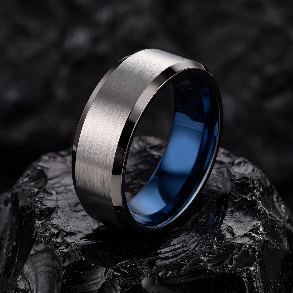 Tungsten Wedding Band,Wedding Engagement Rings,His and Hers Wedding Rings,Male Wedding Band Gunmetal 8mm,Silver Mens Rings,Mens Blue Ring,10