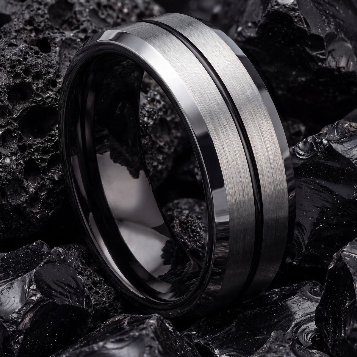 Wedding Bands,Mens Tungsten Wedding Band,Womens Wedding Bands,Thin Wedding Band,Grey,Black Embellished,Black and Silver Mens Wedding Band,10