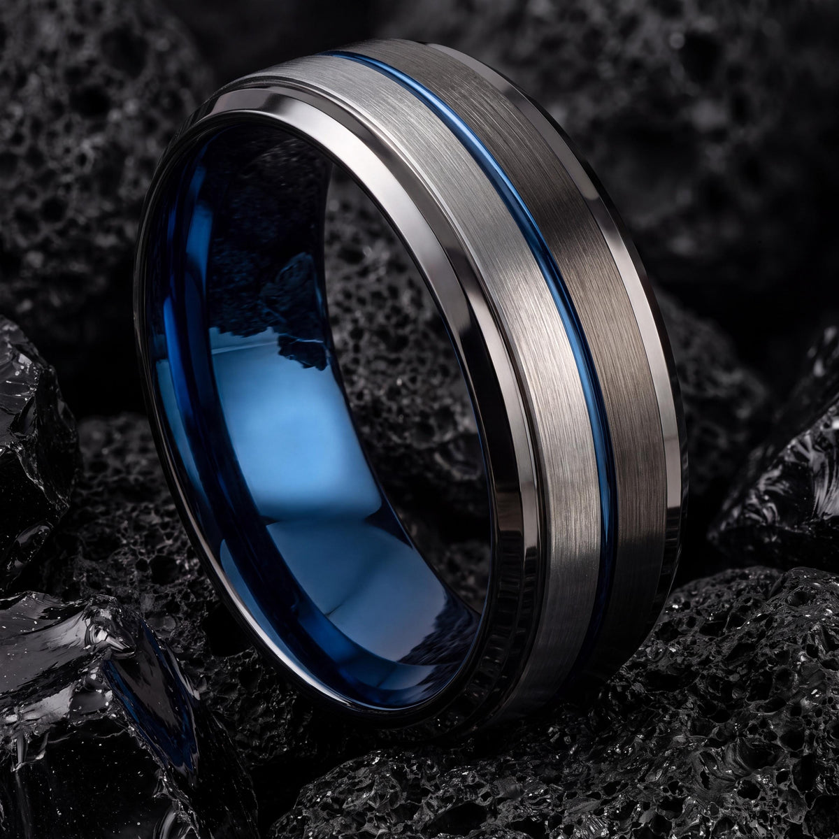 Mens Wedding Band,Tungsten Wedding Band,Wedding Bands Women,Mens Wedding Ring Unique,Gunmetal Men Wedding Band,Mens Ring Silver,Blue Rings,8