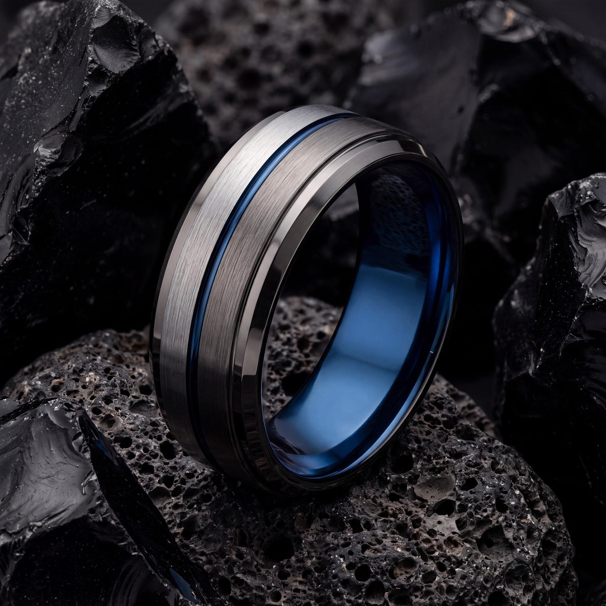 Mens Wedding Band,Tungsten Wedding Band,Wedding Bands Women,Mens Wedding Ring Unique,Gunmetal Men Wedding Band,Mens Ring Silver,Blue Rings,8