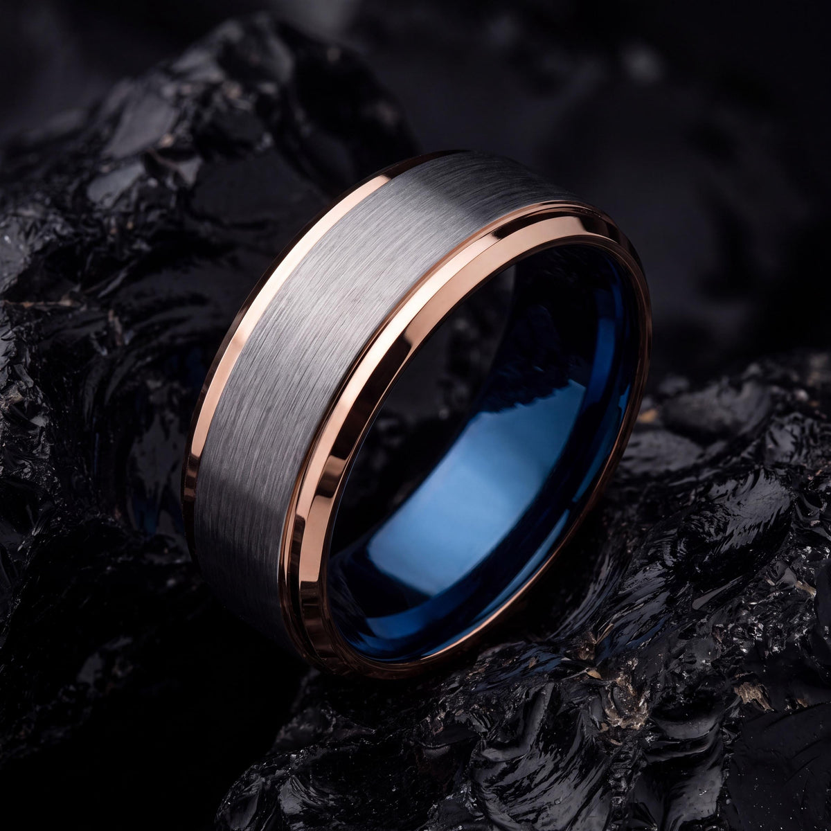 Mens Tungsten Wedding Band,Mens Wedding Ring,Two Tone Wedding Band Set,Mens Wedding Bands Silver,Rose Gold Stacking Ring,Blue Wedding Ring,8