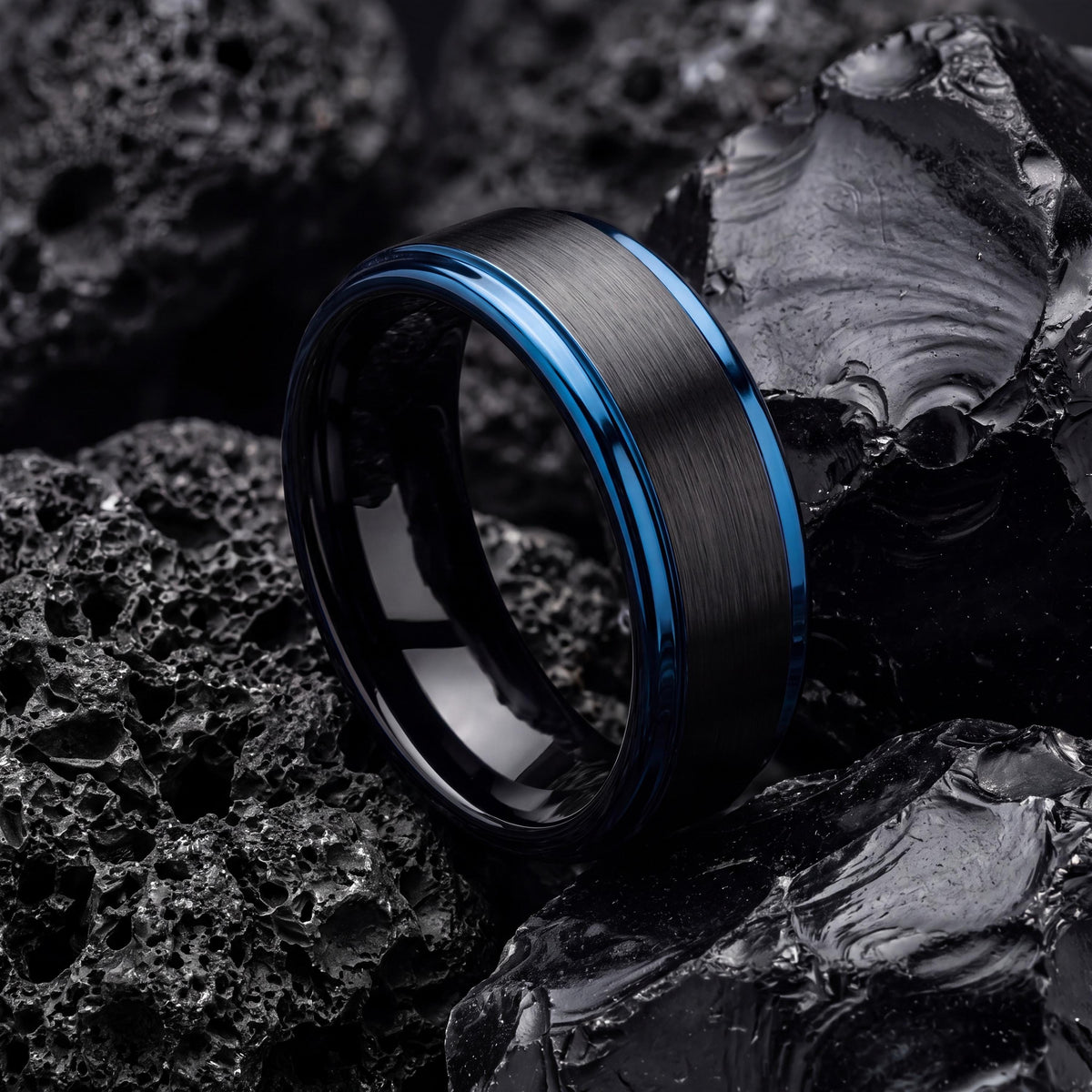 Black Tungsten Wedding Band, Beveled Ring, Blue Accent