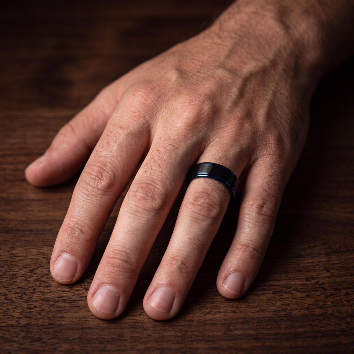 Black Tungsten Wedding Band, Beveled Ring, Blue Accent