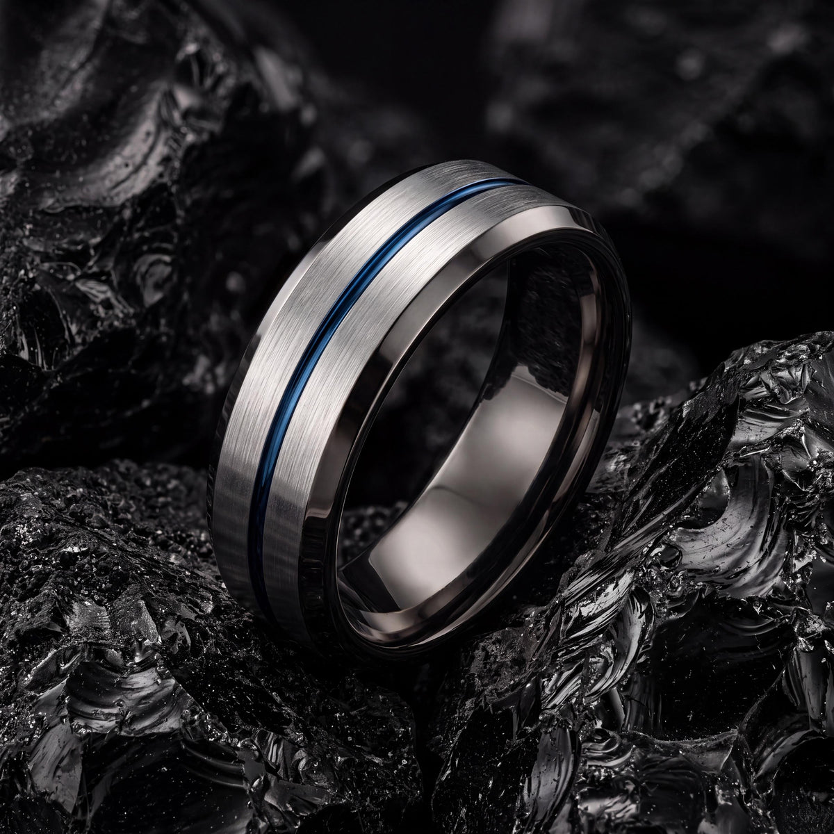 Mens Tungsten Wedding Band,Unique Wedding Band,Wedding Bands Set His And Hers Unique,Gunmetal Men Wedding Band,Silver Chunky Rings,Blue Ring