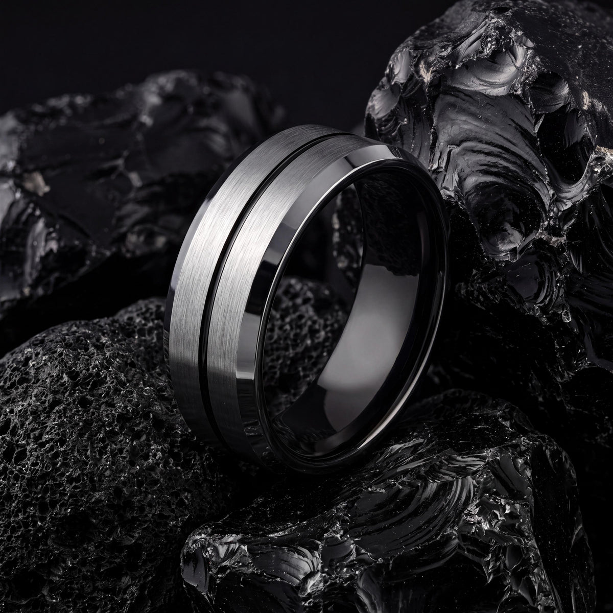Tungsten Wedding Band,Wedding Band Women,Personalised Wedding,Silver Thick Band Rings,Metallic Black,Simple Silver And Black Stacked Rings,1