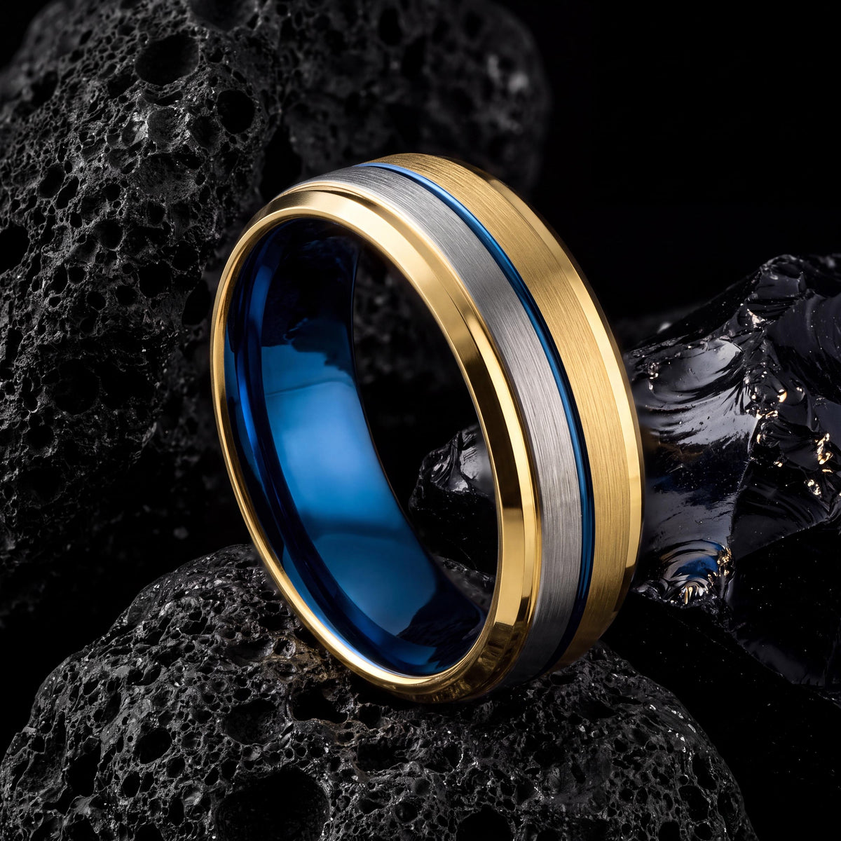 Tungsten Carbide Wedding Band, Blue Silver Gold Ring, Comfort Fit