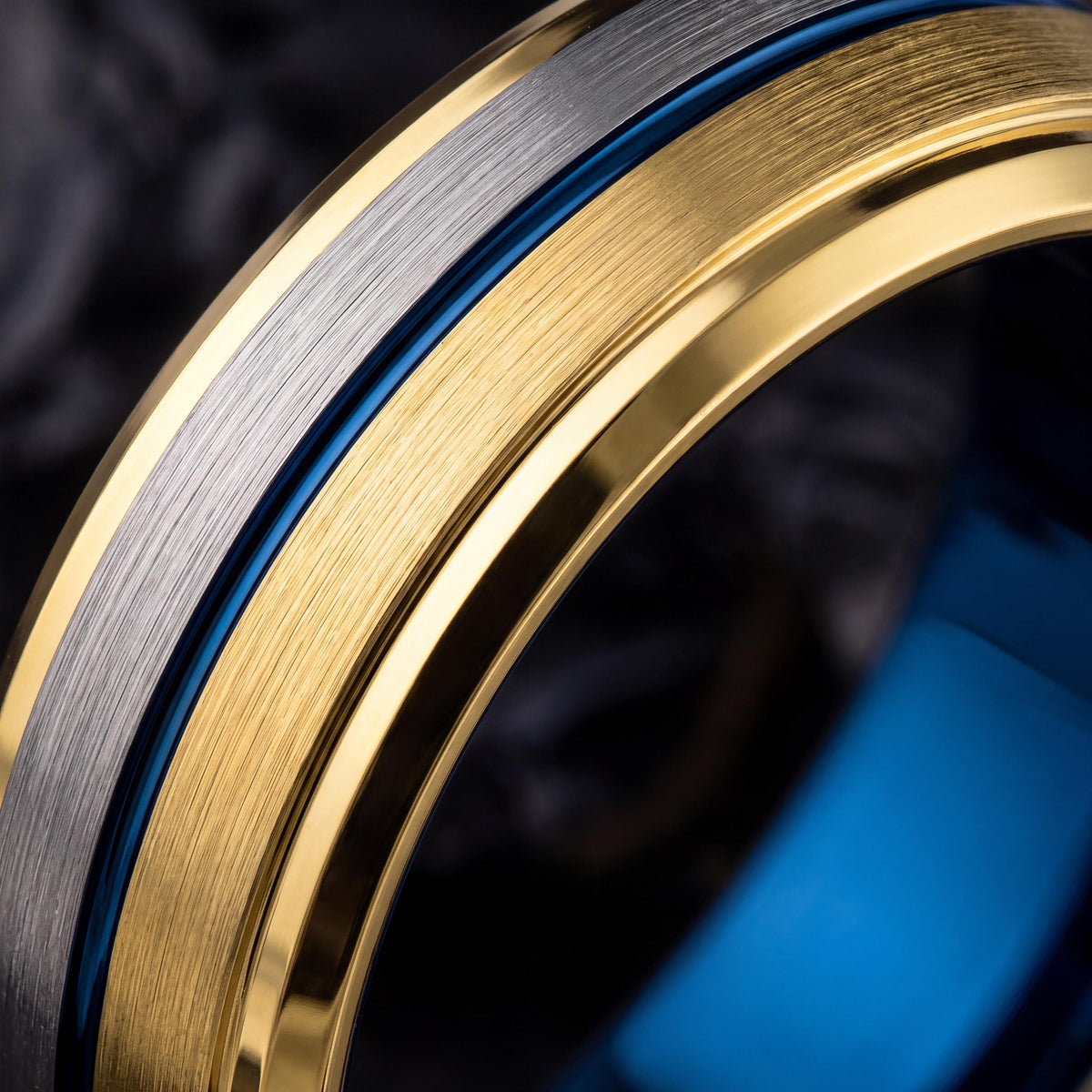 Tungsten Carbide Wedding Band, Blue Silver Gold Ring, Comfort Fit