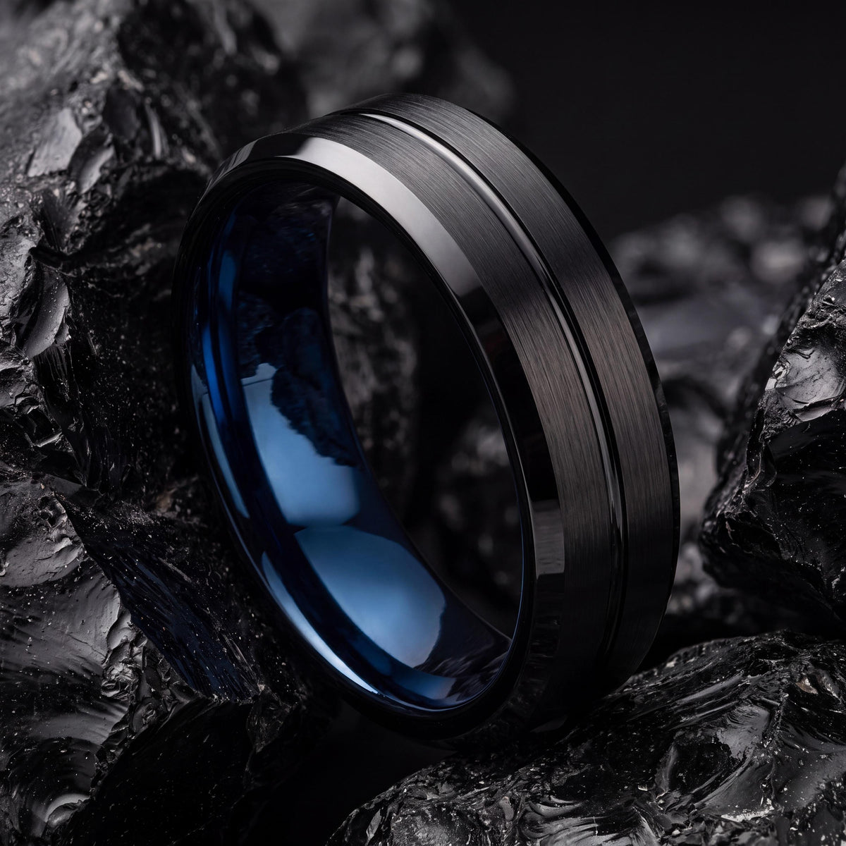 Black Tungsten Carbide Wedding Band, Bevel Edge, Comfort Fit