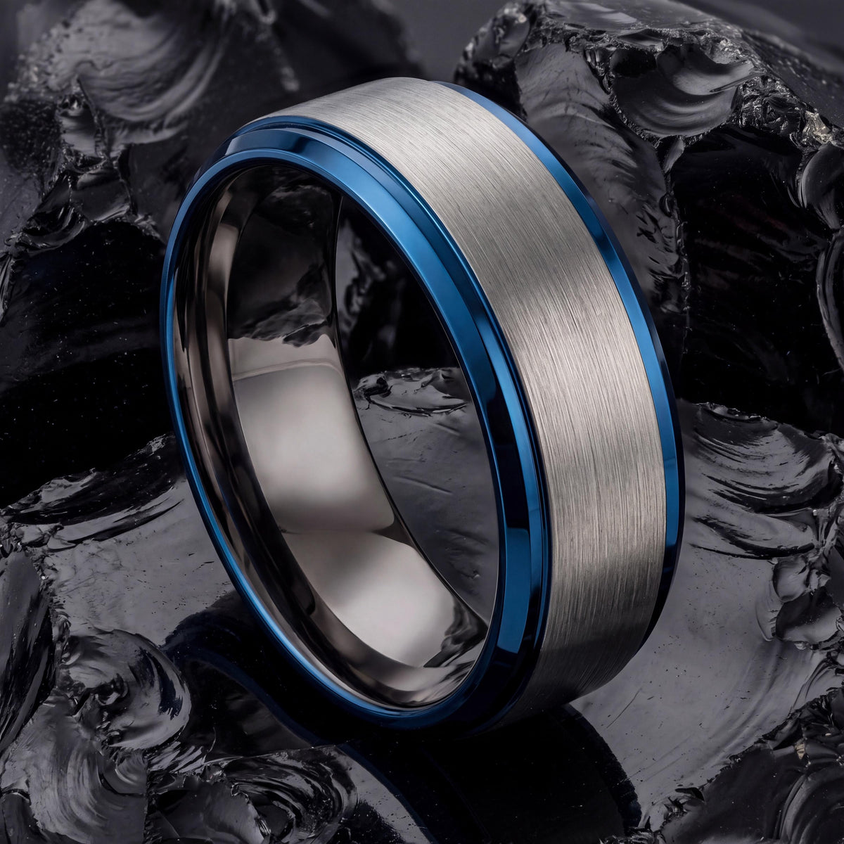Mens Wedding Band Tungsten,Men Wedding Band,Unique Matching Wedding Bands,Gunmetal Men Wedding Band,Mens Hammered Silver Rings,Blue Rings,10