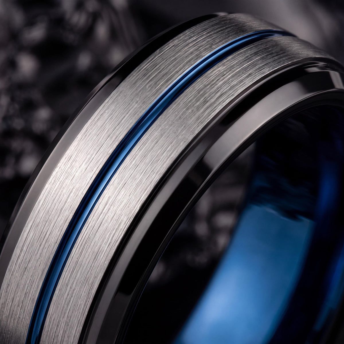 Tungsten Carbide Wedding Band, Blue Silver Black, Comfort Fit