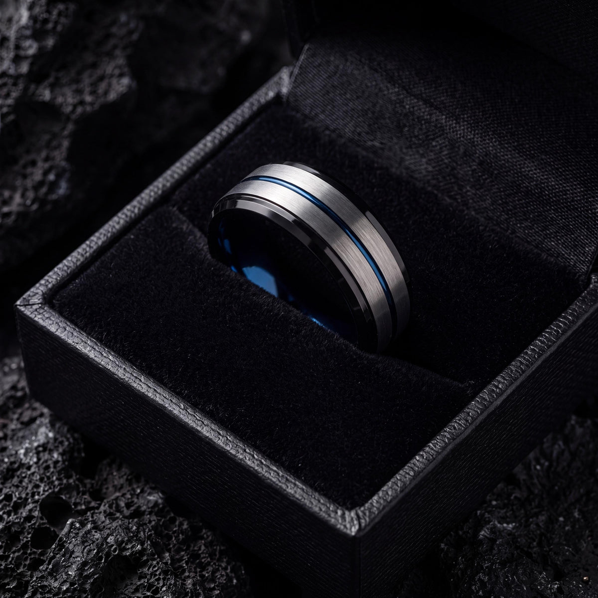 Tungsten Carbide Wedding Band, Blue Silver Black, Comfort Fit