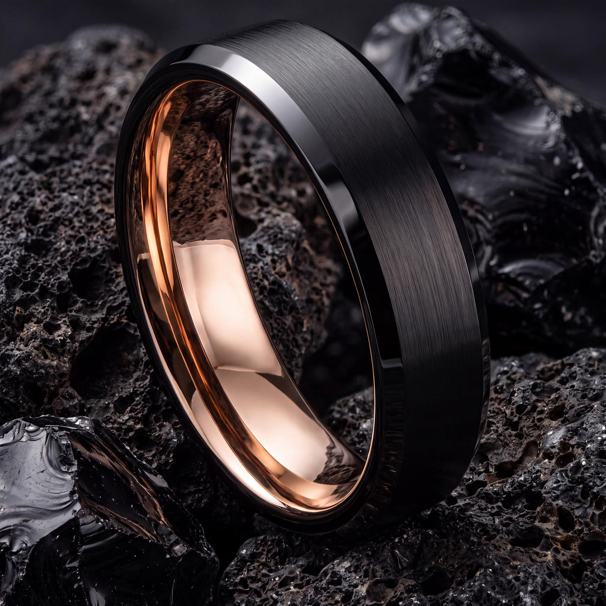 Mens Black Tungsten Wedding Band, Rose Gold, Comfort Fit