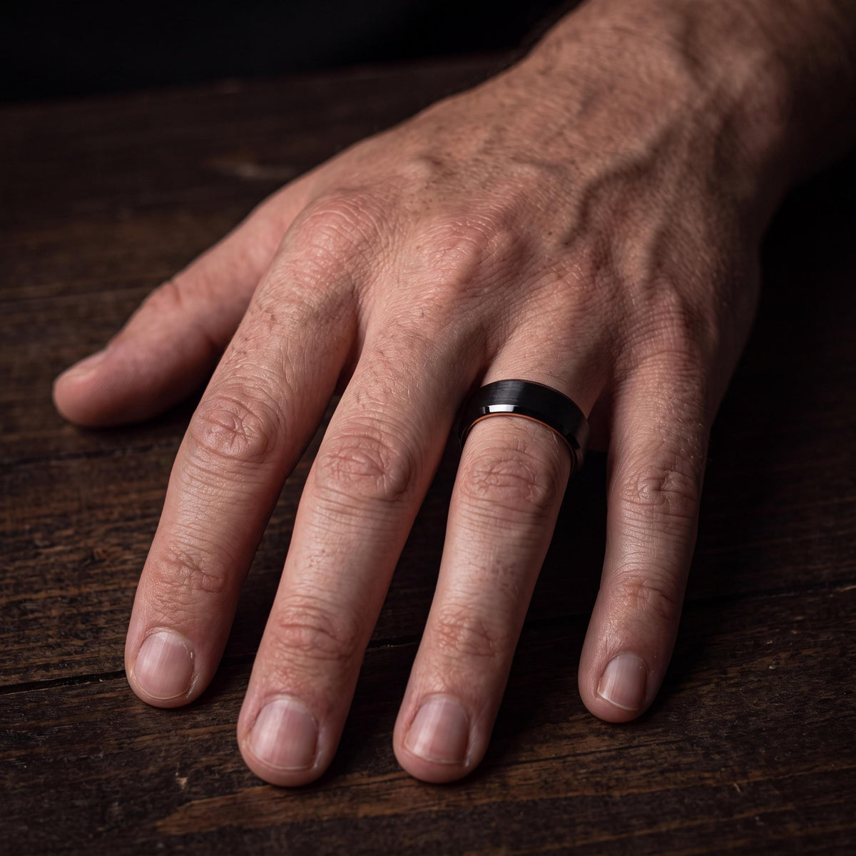 Mens Black Tungsten Wedding Band, Rose Gold, Comfort Fit