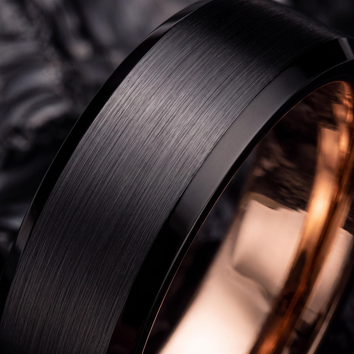 Mens Black Tungsten Wedding Band, Rose Gold, Comfort Fit