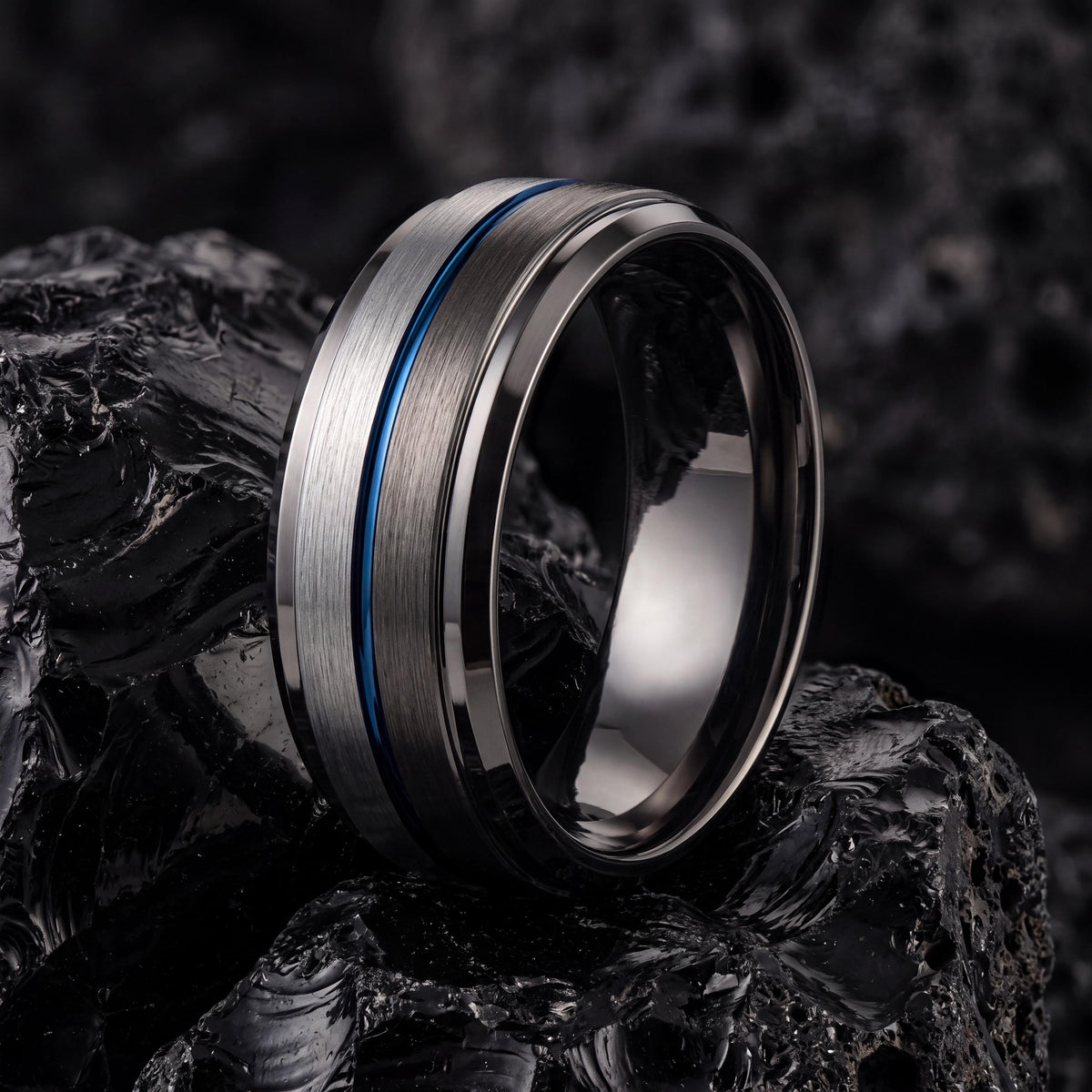 Mens Tungsten Wedding Band, Gunmetal, Silver, Blue Ring