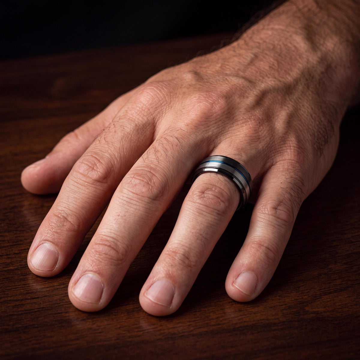 Mens Tungsten Wedding Band, Gunmetal, Silver, Blue Ring