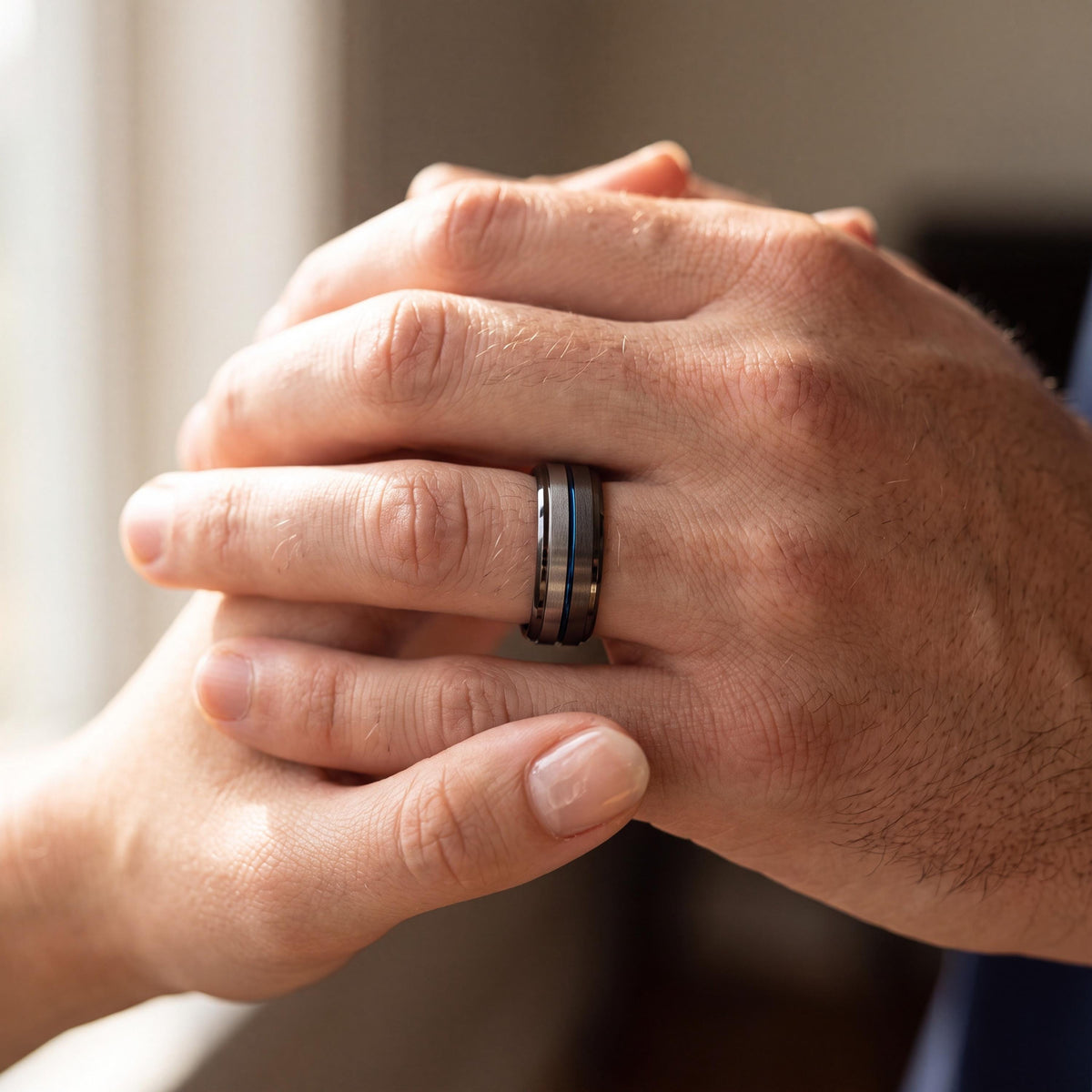 Mens Tungsten Wedding Band, Gunmetal, Silver, Blue Ring