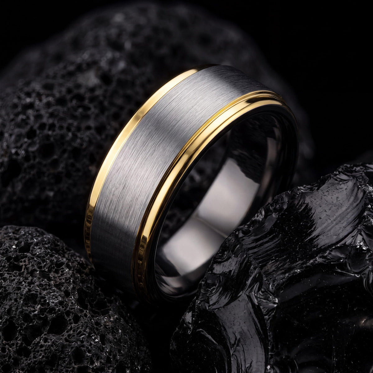 Gunmetal Tungsten Wedding Band, 18K Gold Inlay, Comfort Fit