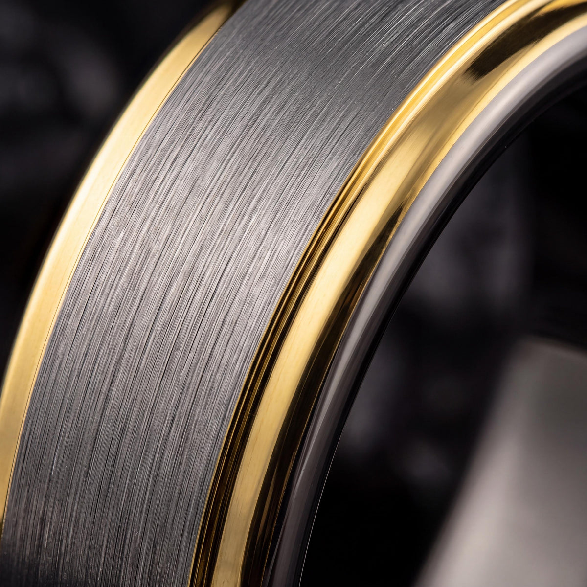 Gunmetal Tungsten Wedding Band, 18K Gold Inlay, Comfort Fit