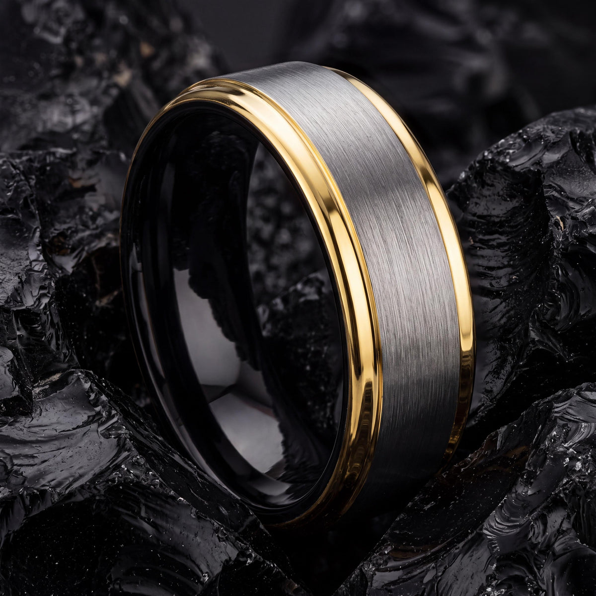 Mens Tungsten Wedding Band, Silver, Black, and Yellow Gold Plated