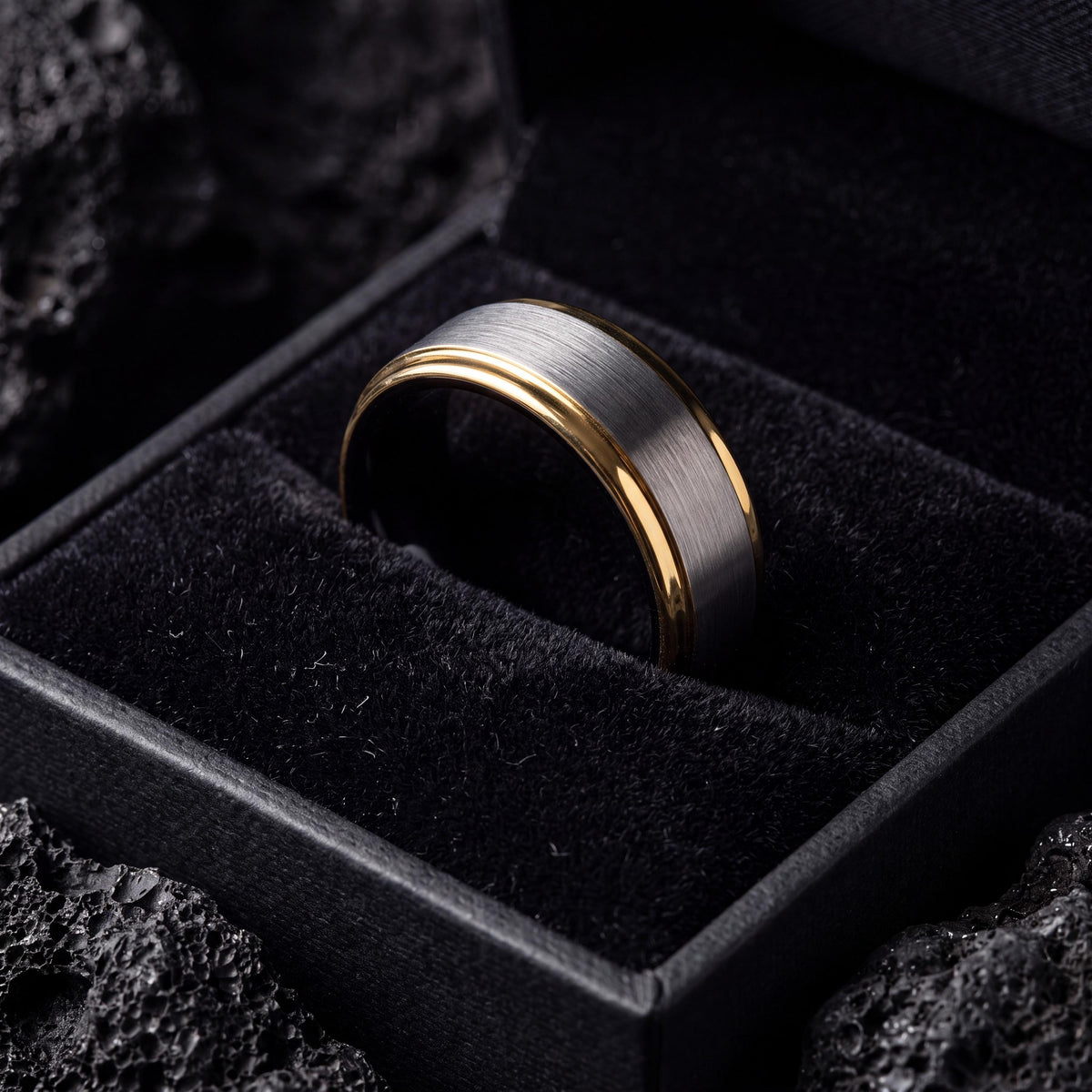Mens Tungsten Wedding Band, Silver, Black, and Yellow Gold Plated