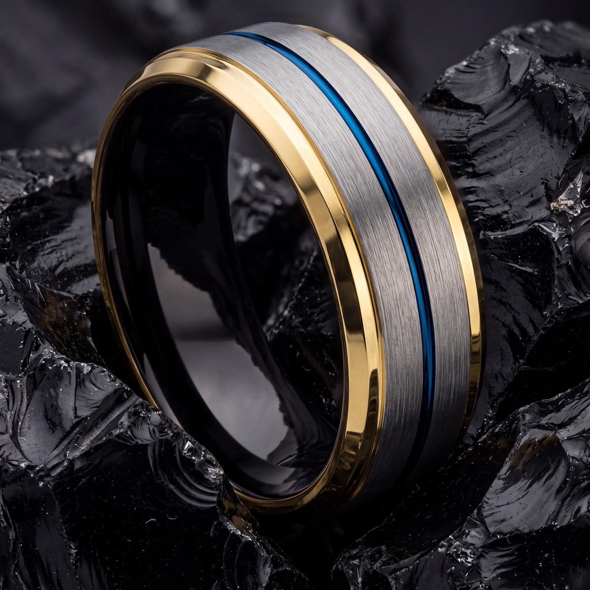 Tungsten Carbide Wedding Band, 18K Gold Plated, Blue Accent Ring