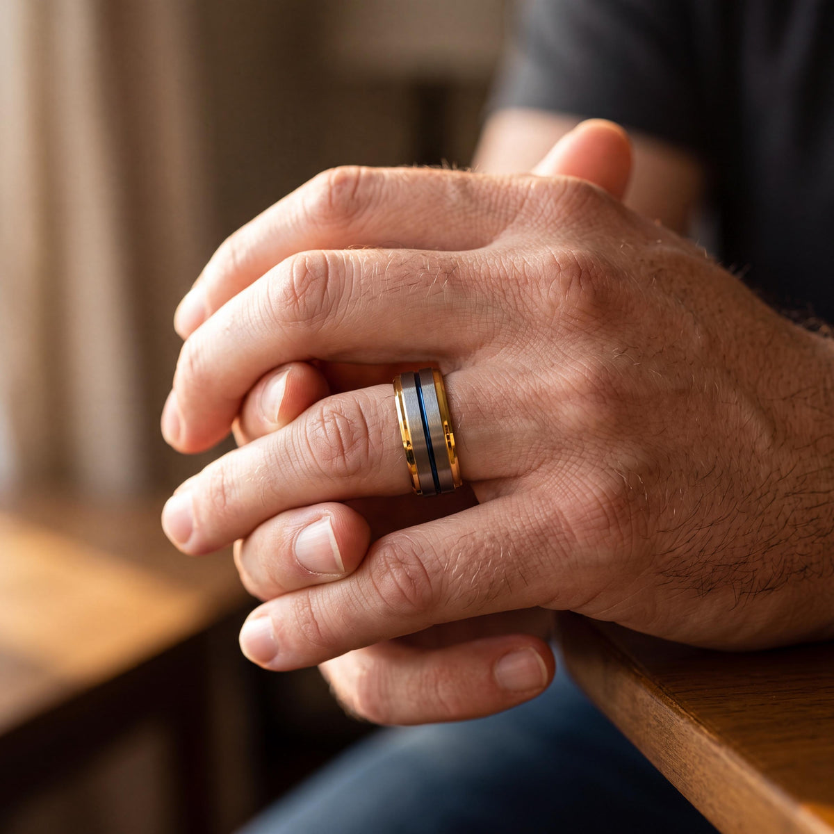 Tungsten Carbide Wedding Band, 18K Gold Plated, Blue Accent Ring