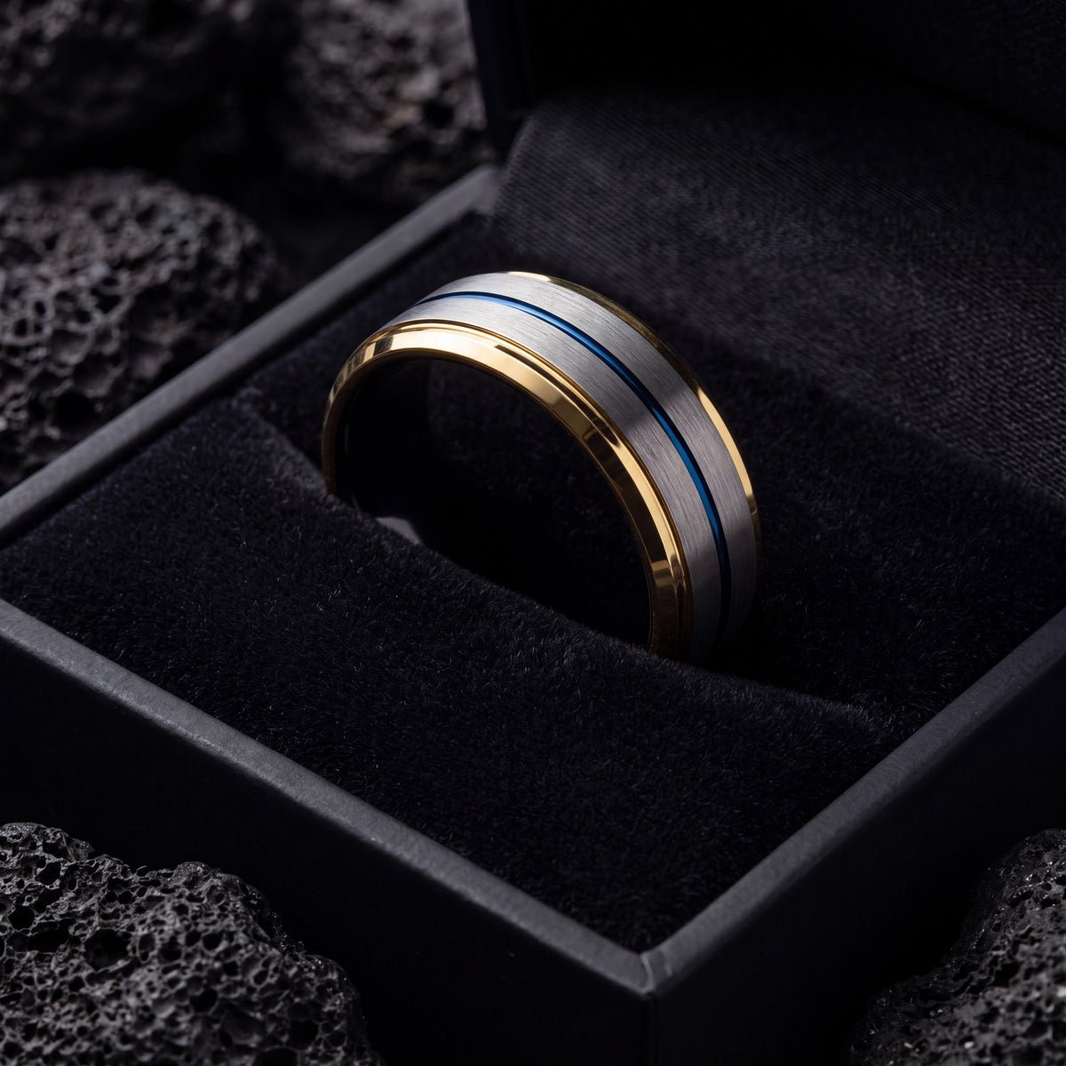 Tungsten Carbide Wedding Band, 18K Gold Plated, Blue Accent Ring