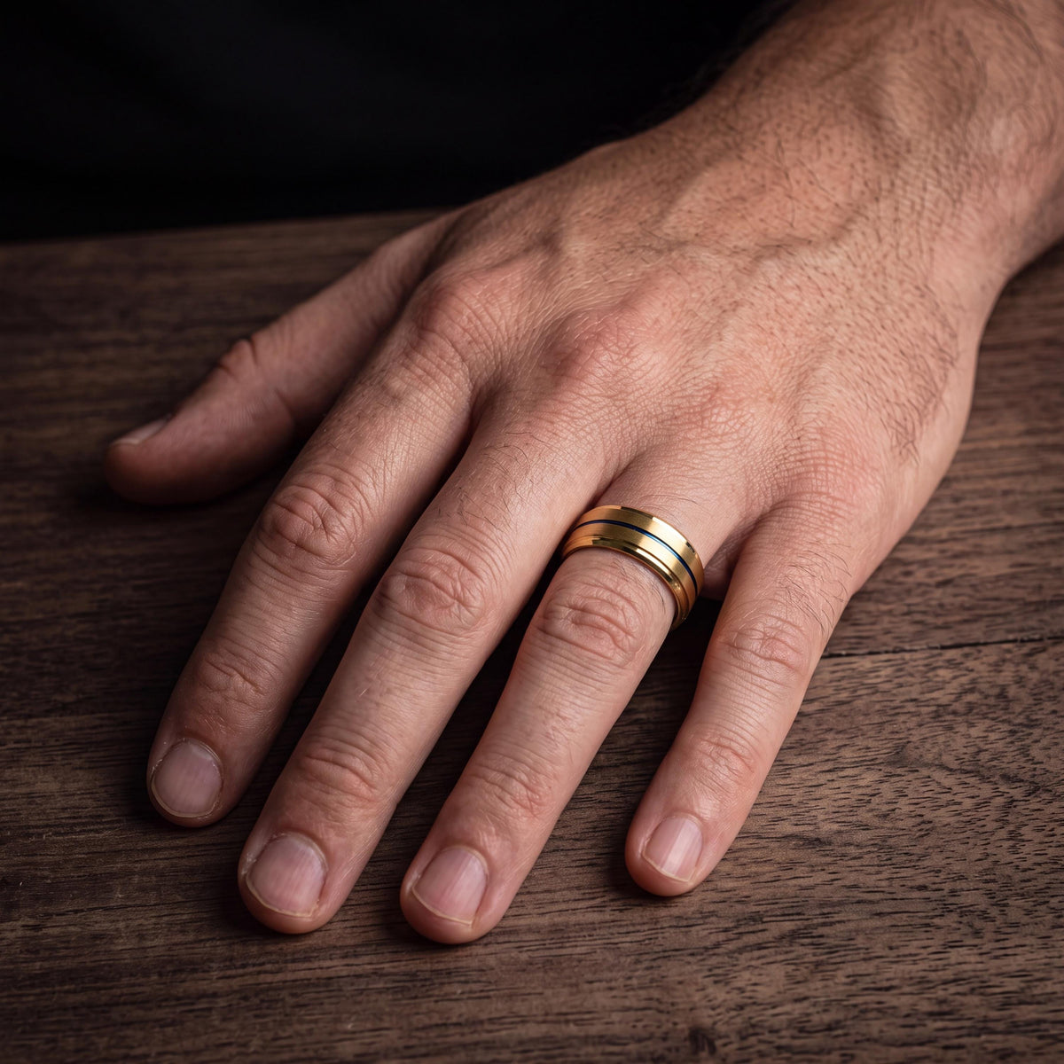 Tungsten Carbide Wedding Band, Blue Groove, 18k Yellow Gold Plated