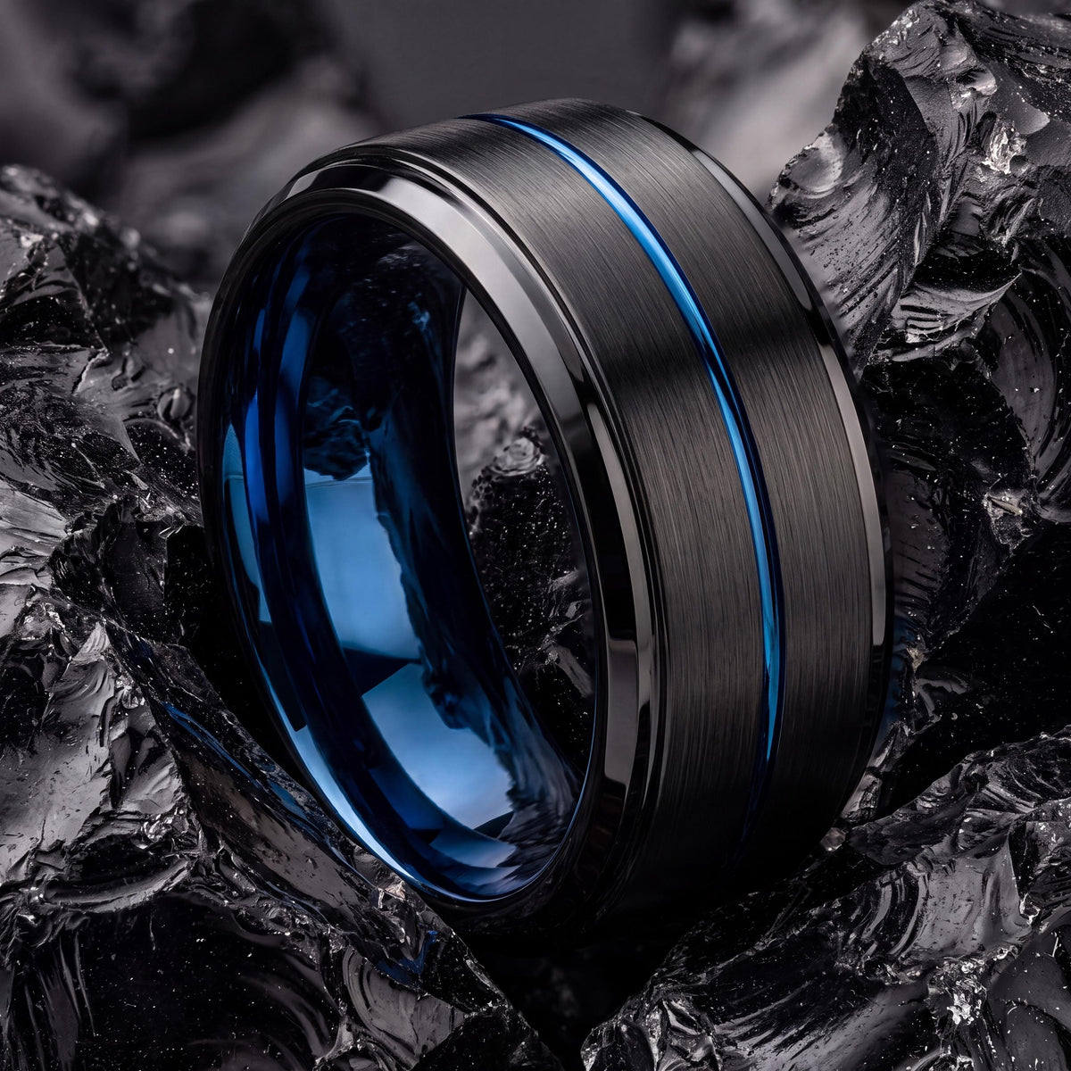 Black Tungsten Wedding Band Set, Blue Center Line, Comfort Fit