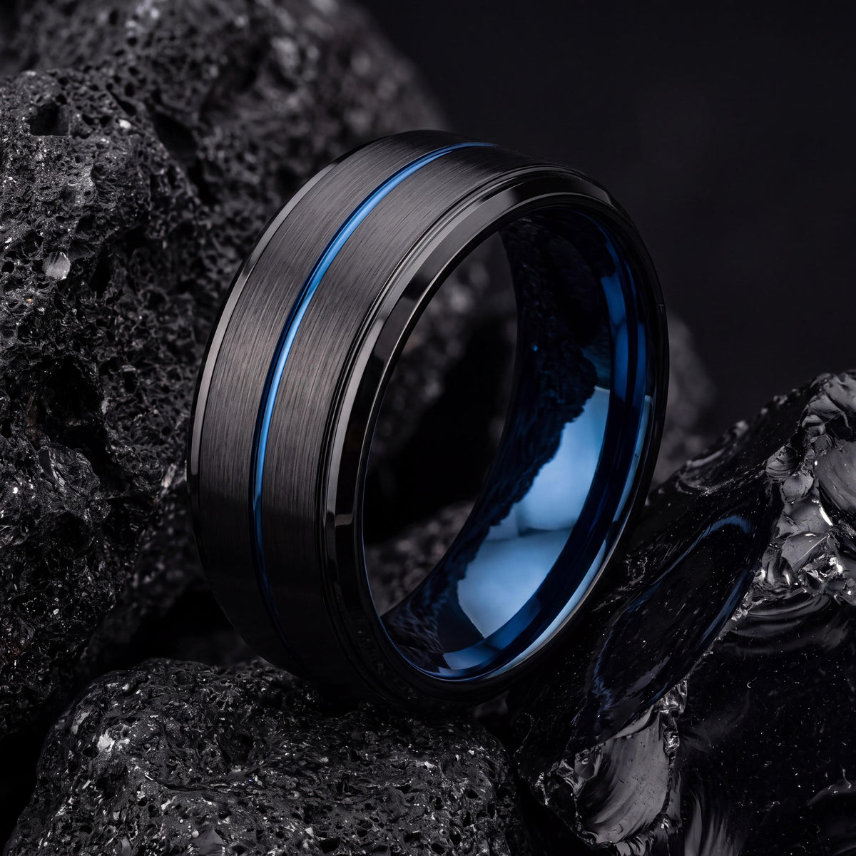 Black Tungsten Wedding Band Set, Blue Center Line, Comfort Fit