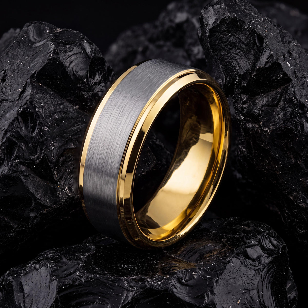 Two Tone Tungsten Wedding Band, 18k Gold & Silver Ring