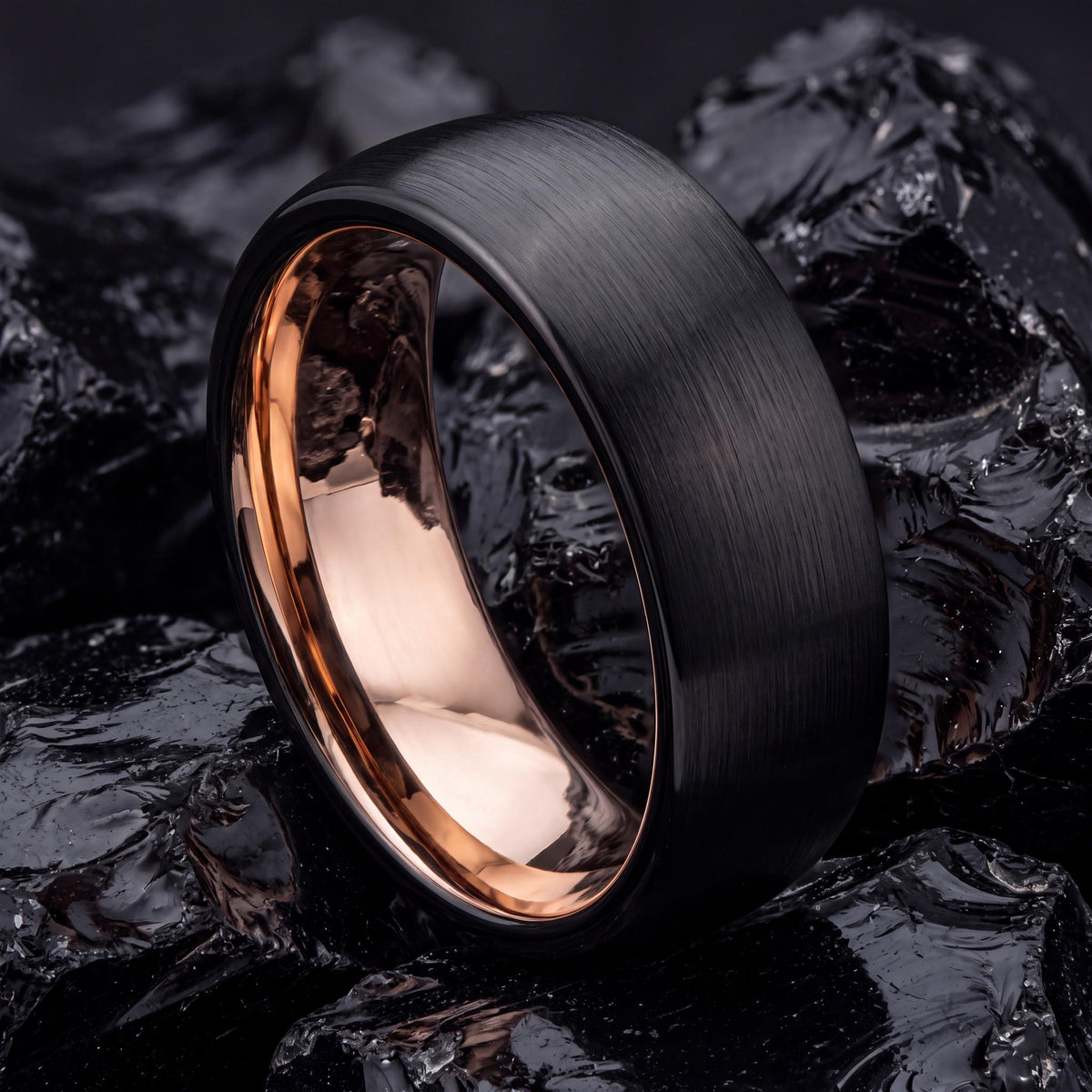 Black Tungsten Wedding Band, Rose Gold Plated, Comfort Fit