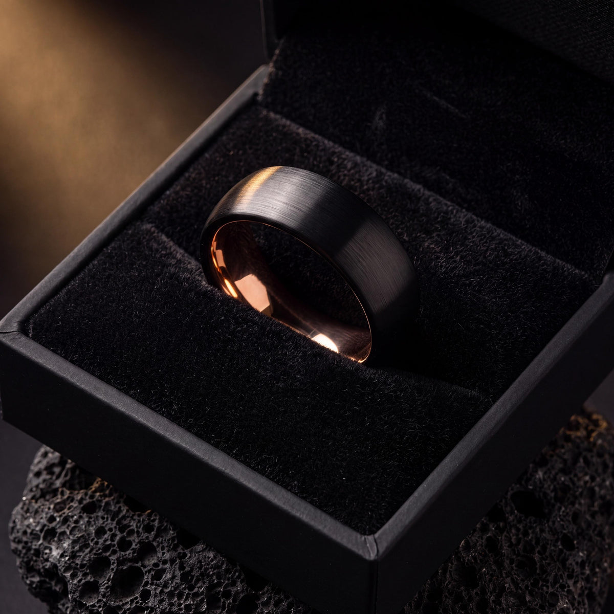 Black Tungsten Wedding Band, Rose Gold Plated, Comfort Fit