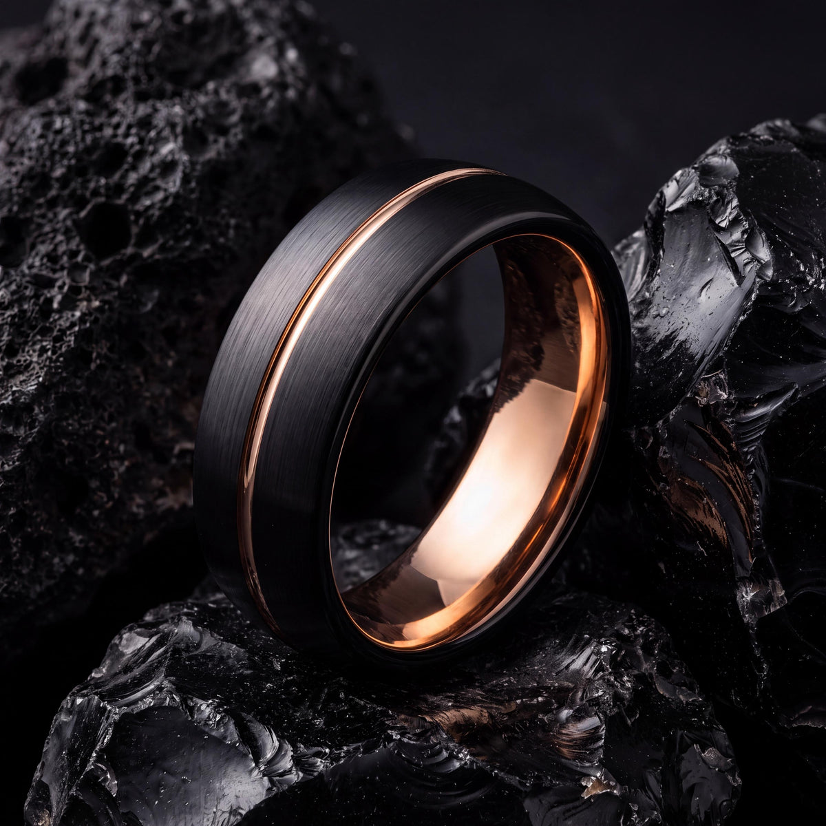 Black Tungsten Wedding Band with Rose Gold Inlay