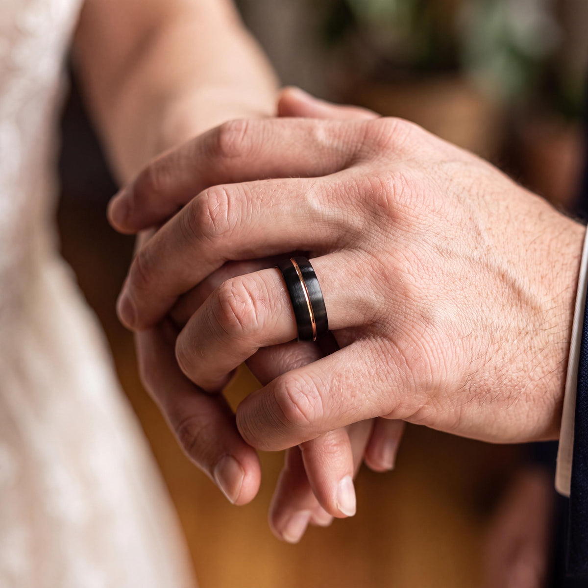Black Tungsten Wedding Band with Rose Gold Inlay