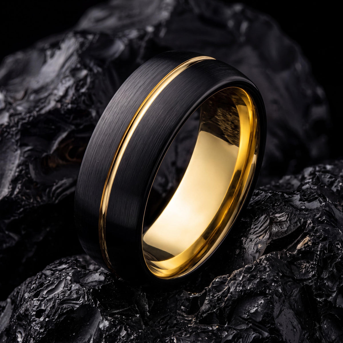 Black Wedding Band, Mens Ring, Gold Tungsten Ring, Promise Ring, Engagement Gifts For Couple, Anniversary Gifts For Girlfriend, Teacher Gift