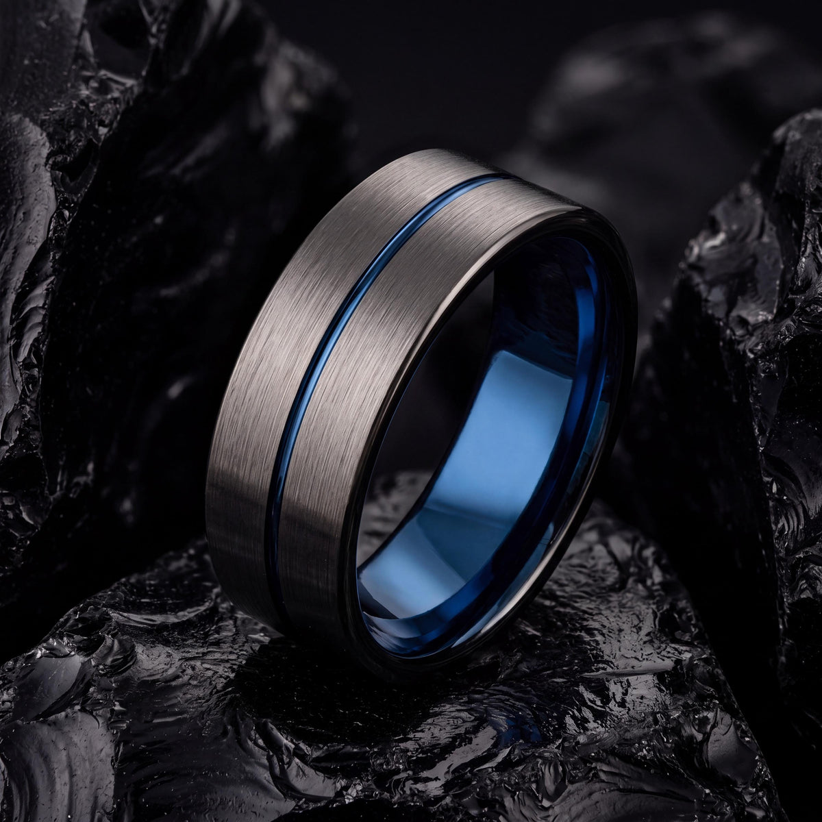 Mens Wedding Band,Tungsten Wedding Band,Wedding Bands Set,Wedding Ring Set Women,Male Wedding Band Gunmetal 6mm,Dainty Blue Ring Stackable,8
